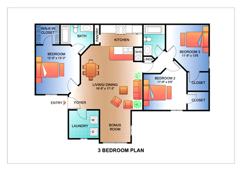Floor plan for 3 beds, 2 baths, 1200 sqft